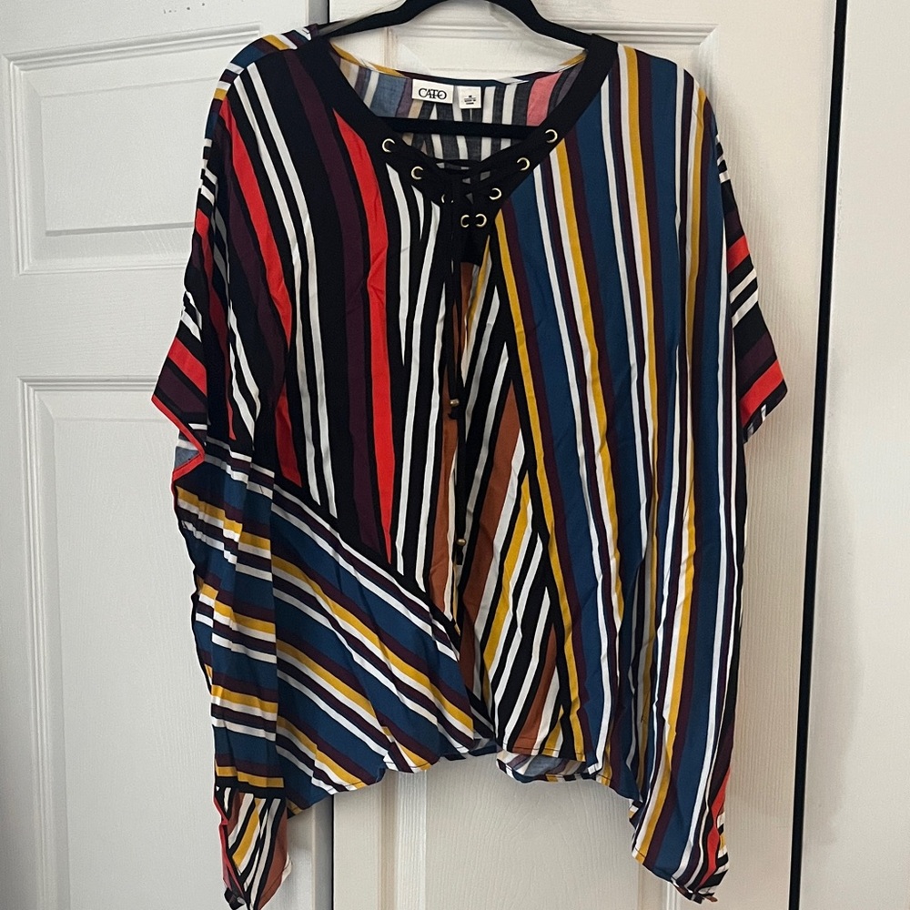 Cato Multicolor Striped Blouse with Lace-Up Neckline
